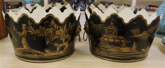 Four green and gold decorated toleware style planters